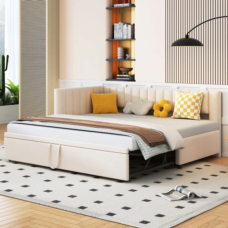 Beiges Schlafsofa 90x200 cm Mit Ausziehbett Und Samtbezug Multifunktionsmöbel L Form Sofabett Platzsparend Für Kleine Räume Gästebett