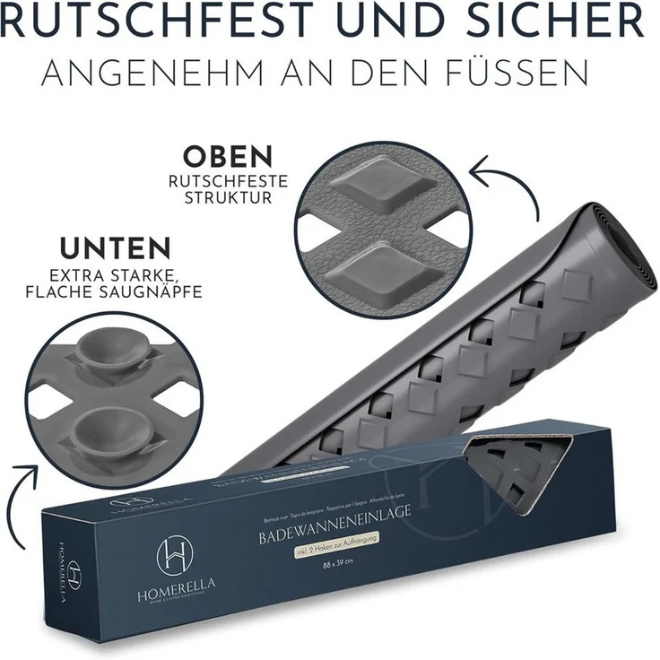Homerella Badematte rutschfest Hautsensitiv 88x39cm, INKL. AUFHÄNGUNG, Antirutschmatte Badewanne BPA frei, Duschmatte schimmelresistent & maschinenwaschbar – Bild 3