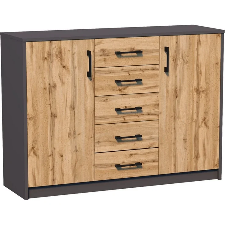 Home Collective Kommode mit 5 Schubladen und 2 Türen in matter Ausführung, Kommode 110cm breit (mit hochwertigen Polymergriffen, aus laminierter Platte gefertigt, Metallrollen mit Auszugsstopp), Holz Schrank Sideboard Highboard Kommode mit Schubladen g... – Bild 4