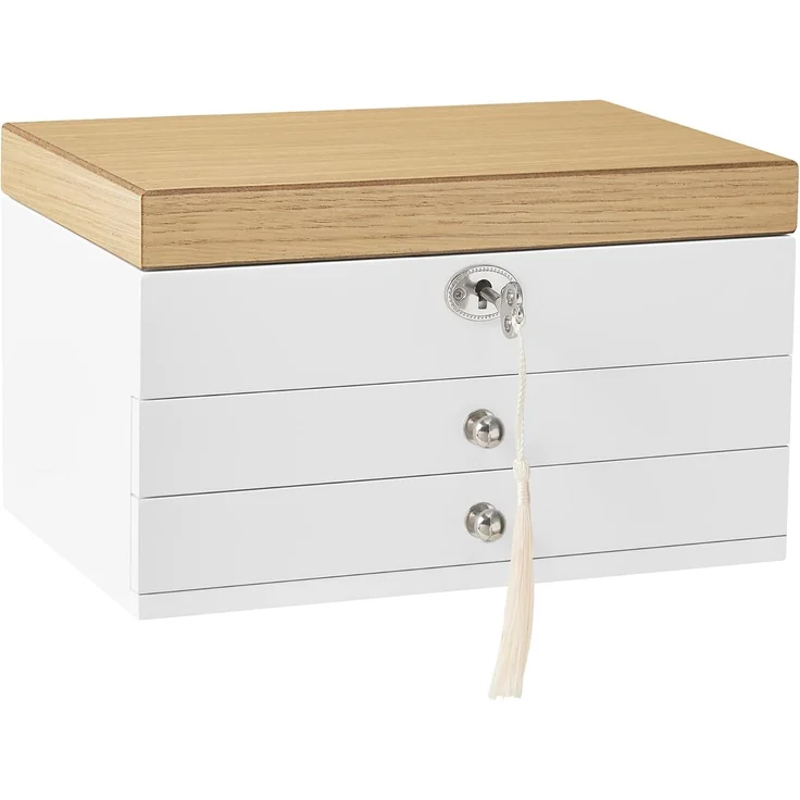 Songmics Schmuckkästchen mit großem Spiegel, abschließbar, MDF weiß-holzfarben, 15 x 17 x 25 cm – Bild 1