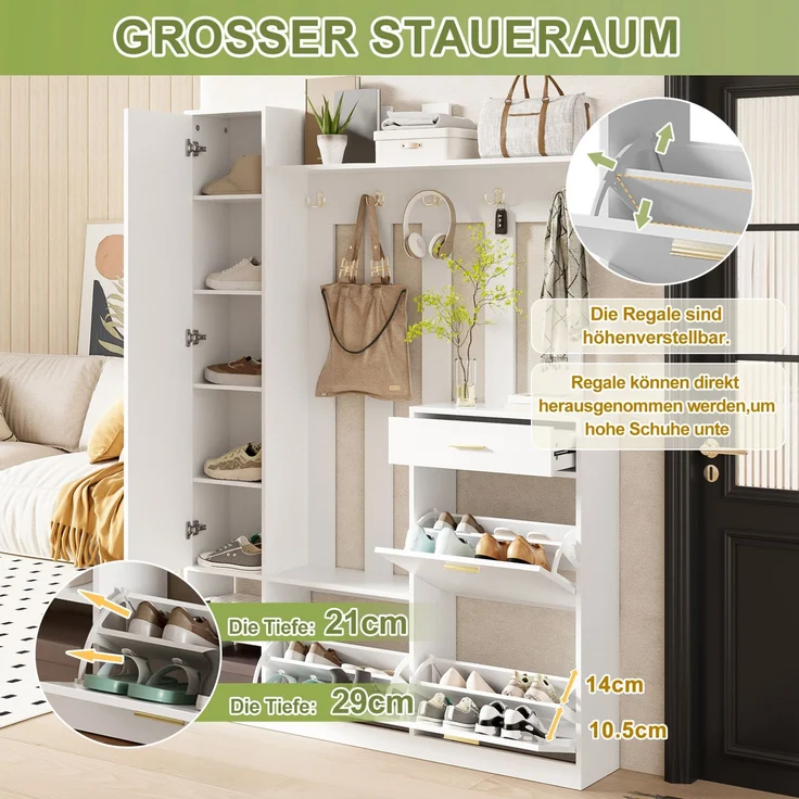 CHICFURN Schrank 133x180x23,5 cm als Garderoben-Set mit 3 Schuhkippern und Spiegel Weiß – Bild 4