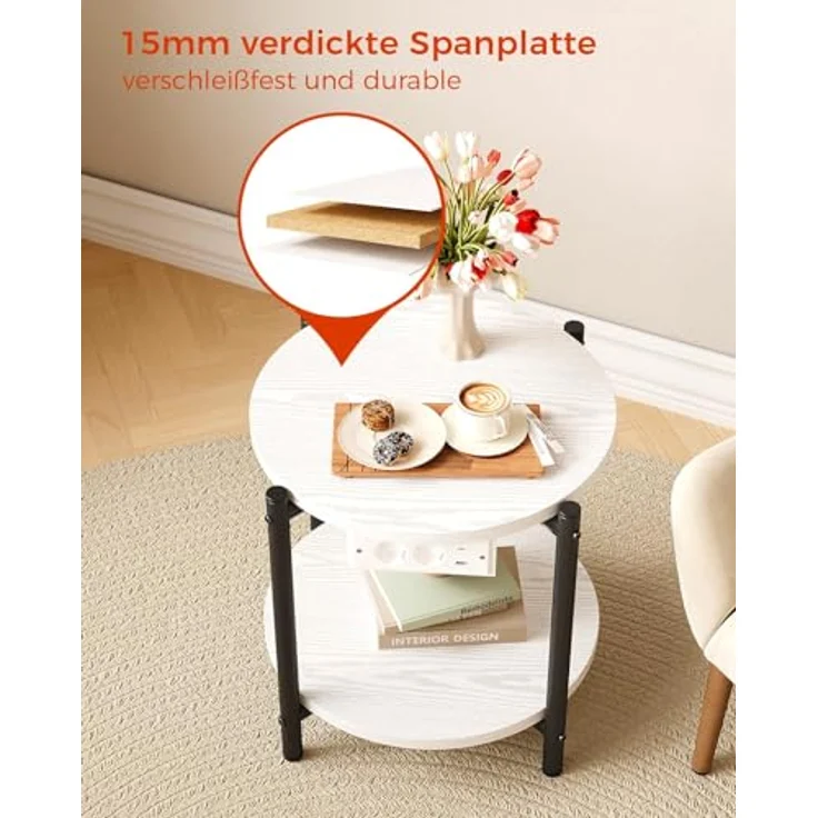 IRONCK Beistelltisch rund, Couchtisch mit Steckdose, Kleiner Tisch Holz, Wohnzimmertisch 2 Ablagen,Sofatisch,USB & Type-C-Anschluss, Metallrahmen, Nachttisch für Schlafzimmer (Weiß, 2 Stücke) – Bild 6