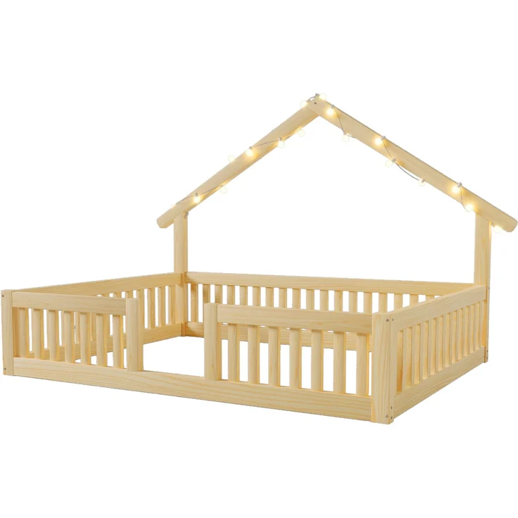 Bett 140x200 cm Hausbett aus Holz in Natur mit Sicherheitsgitter, LED-Lichterkette, ohne Matratze – Bild 7