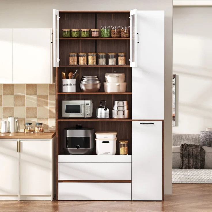 Highboard mit verstellbaren Regalböden und Schubladen, Buffetschrank mit ausziehbaren Regalböden und Riffelglas , Ideal für Esszimmer, Wohnzimmer und Küche (Weiß+Nussbaum) – Bild 3