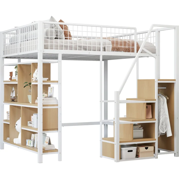 Multifunktionales Hochbett 140x200 cm aus Metall mit Stauraum und Treppe – weiß – Bild 7