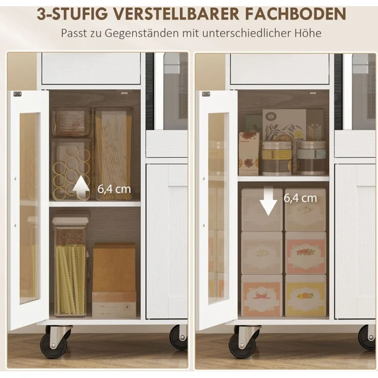 Küchenschrank auf Rädern, Mobile Küchenkommode mit Ablagen, Schubladen, verstellbarem Regal, Kabelloch, Weiß--Weiß--80x40x88.7cm--YOUDENOVA – Bild 4