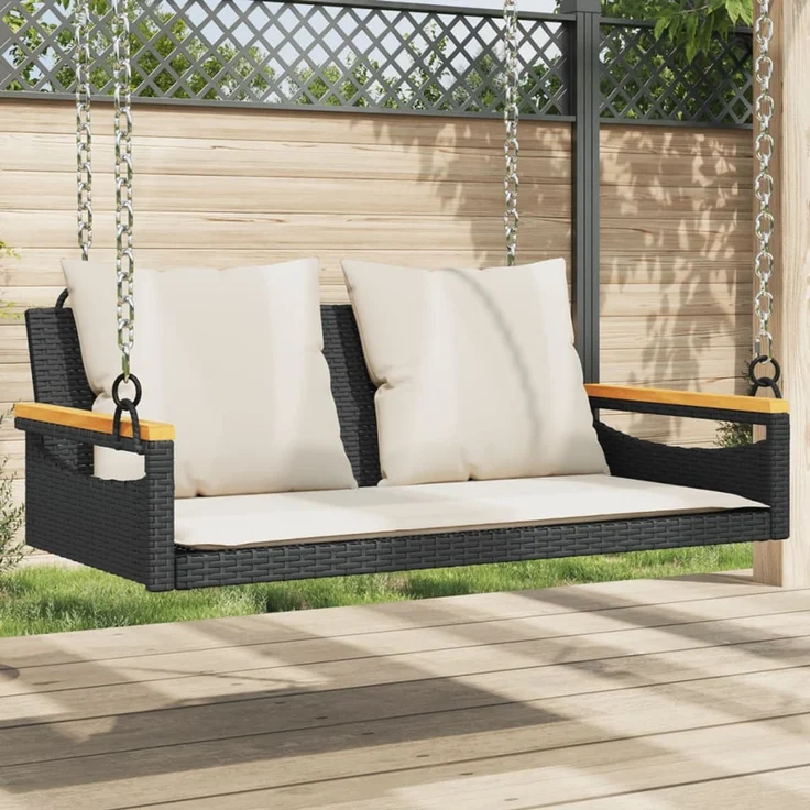 vidaXL Hängebank mit Kissen Schwarz 109x62x40 cm Poly Rattan 368146 – Bild 1