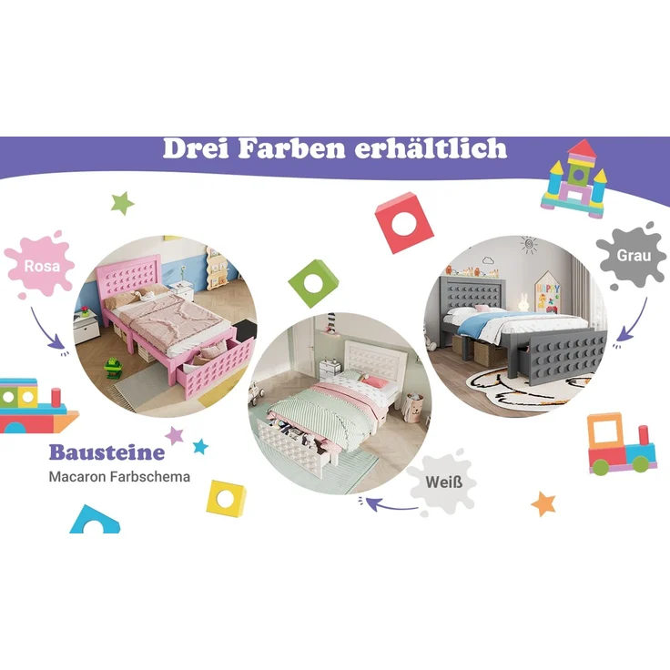 Holzbett 90x200 cm mit Lattenrost & Schublade, 95x210x90 cm, Weiß, ohne Matratze – Bild 6
