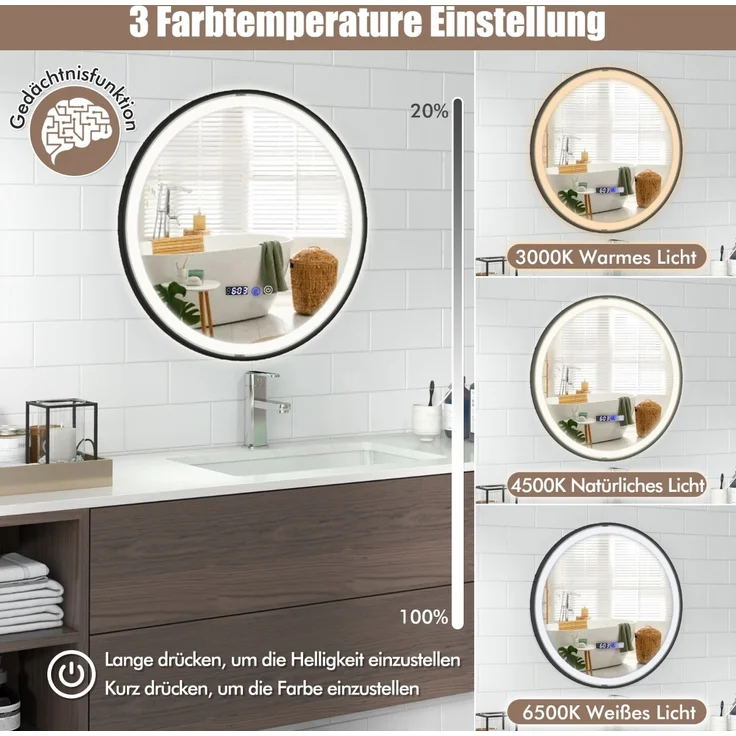 Beleuchteter Badezimmerspiegel mit 3-farbigem LED-Licht & Memory-Funktion & Antibeschlagfunktion – Bild 3