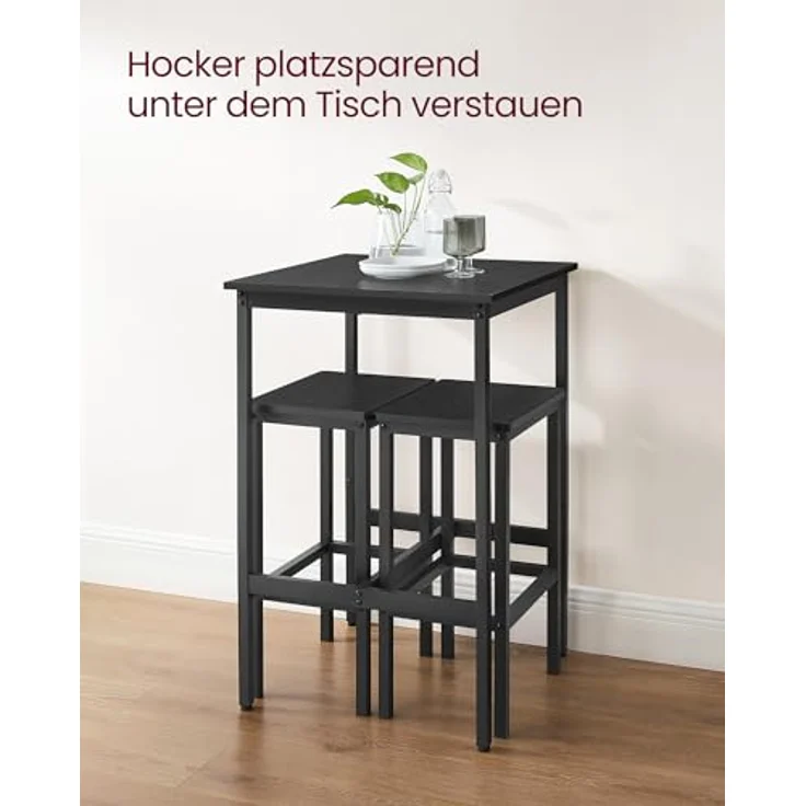 VASAGLE Bartisch mit Barhocker-Set, Esstisch mit 2 Stühlen, Küchentisch klein 60 x 60 x 90 cm, Barstühle je 30 x 40 x 65 cm, für Esszimmer, Küche, Industrie-Design, Ebenholzschwarz-Tintenschwarz – Bild 6