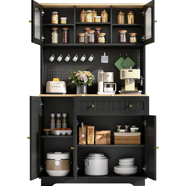 ZUBALIYA Vitrinenschrank mit Tür / Küchenschrank, mit verstellbaren Einlegeböden und lochblech, Schwarz, 103.5 x 40 x 180 cm, fürs Kinderzimmer, mit Schubladen, mit Stauraum – Bild 14