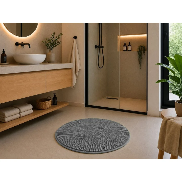 heimtexland Badematte Badvorleger Chenille Badteppich Duschvorleger, rutschhemmend beschichtet, Fußbodenheizung geeignet, schnell trocknend, strapazierfähig, fußbodenheizungsgeeignet, rutschfest, saugstark, Polyester, rund, Rund 60 cm, Hochflor, super ... – Bild 2