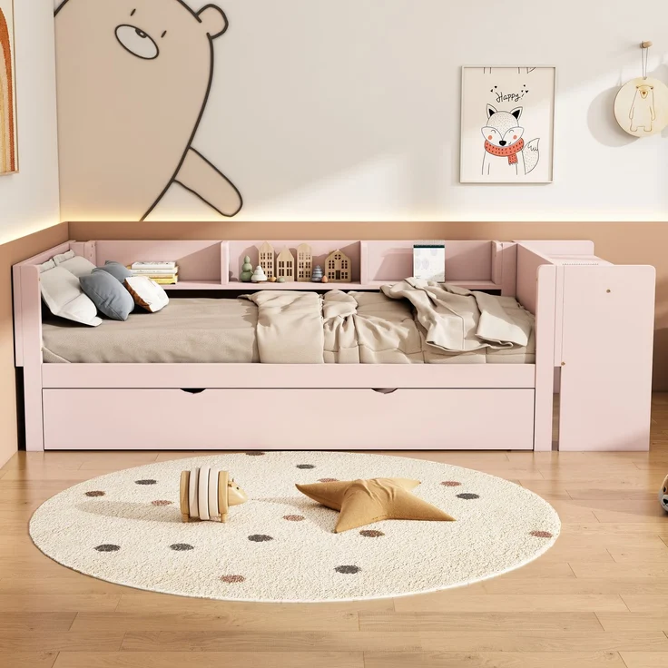 U-life Flachbett 90x200 cm Einzelbett Kinderbett Jugendbett mit Ausziehbett, Schreibtisch und 3 Regalen, Rosa – Bild 3