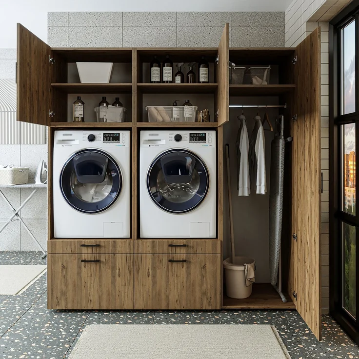 Roomart Waschmaschinenschrank Doppelschrank – SERIE 2 – 194 cm breit, Überbauschrank für Waschküche & Hauswirtschaftsraum – 205 cm hoch – mit Ausziehbrett & Schubladen – • Eiche – Bild 4