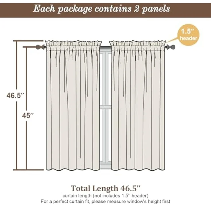 Chyhomenyc Elfenbeinfarbene transparente Fenstervorhänge, 114 cm, lichtfilternde, solide Voile-Vorhänge für kleine Fenster/Wohnzimmer/Schlafzimmer, Stangentasche, 106x114 cm (B x L) – Bild 4