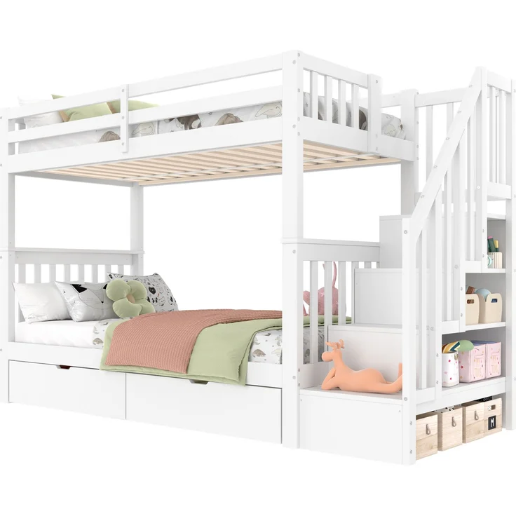 Etagenbett 90x200 cm mit Treppenregal, zwei Schubladen, hohes Sicherheitsgeländer mit Stauraum, Weiß – Bild 7