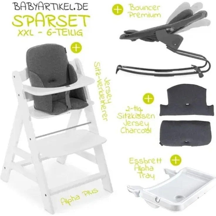 Hauck Hochstuhl Alpha Plus White XXL Newborn Set, Babystuhl ab Geburt, Aufsatz für Neugeborene, Essbrett, Sitzauflage