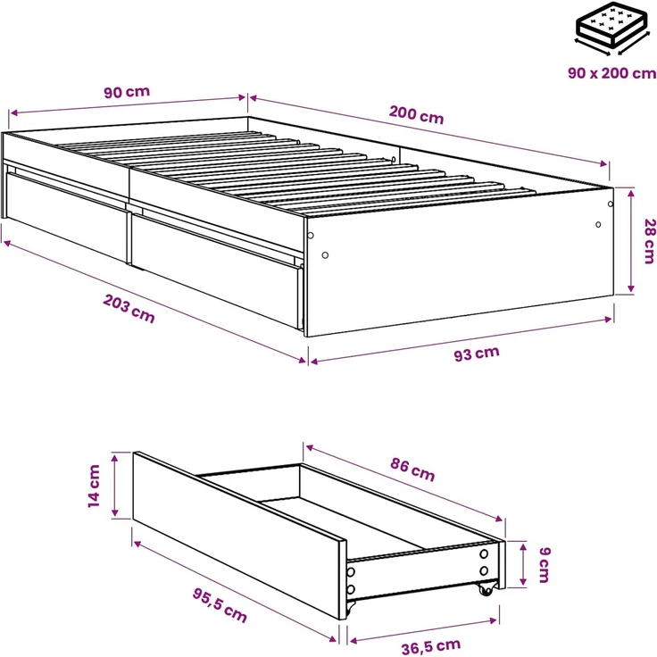 vidaXL Bettgestell mit Schubladen Weiß 90x200 cm Holzwerkstoff 3280678 – Bild 10