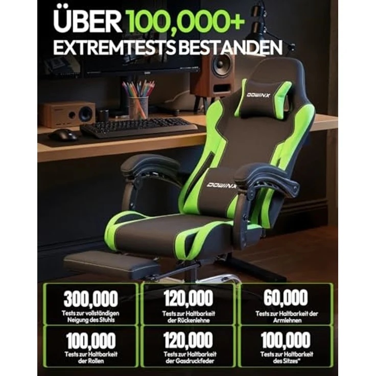 Dowinx Gaming Stuhl Bürostuhl Massage Gaming Sessel mit höhenverstellbaren Linkage-Armlehnen, ergonomischer Gamer Stuhl mit Fußstütze, gepolstert Gaming Chair 150° neigbar bis 180 kg, Grün – Bild 4