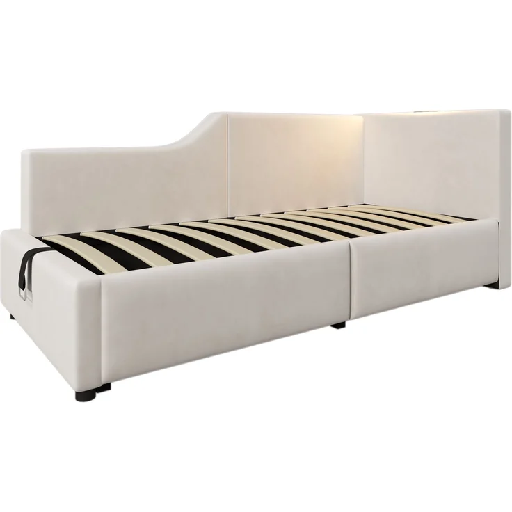 Tagesbett, Samt mit Stauraum & Leselampe, 213x70,5x98 cm, Beige, ohne Matratze – Bild 9