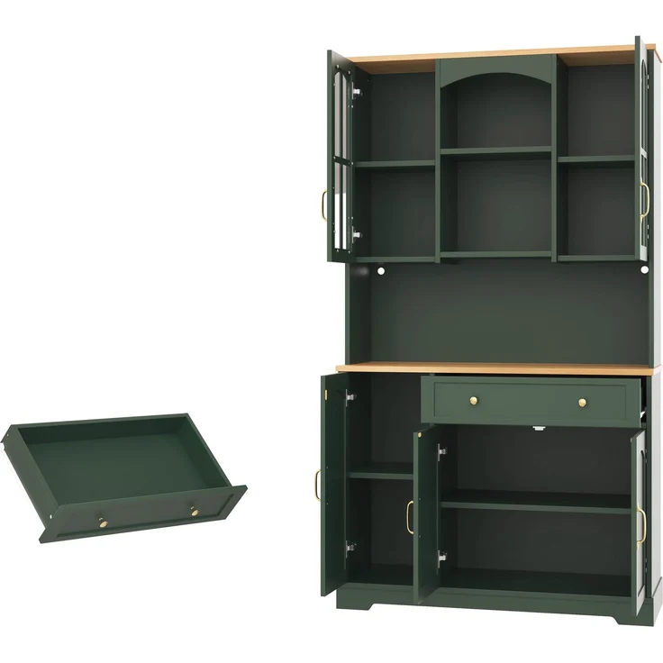 Küchenhochschrank 100 x 38 x 176 cm aus MDF in Graugrün mit Glastüren und LED-Beleuchtung – Bild 6