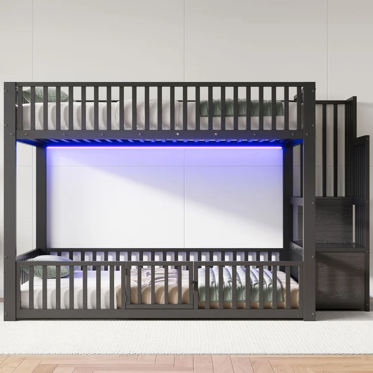 EINHOM 140 x 200 cm Etagenbett mit Stauraumleiter, mit LED, Schwarz (Ohne Matratze) – Bild 4