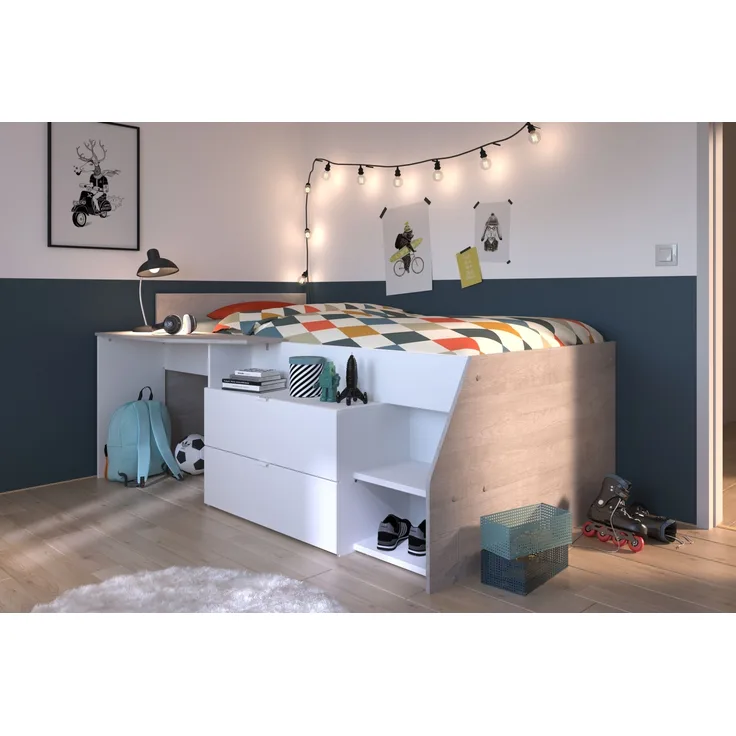 Hochbett >Milky 1< in Weiß / Grey Loft - 203x135x90cm (LxBxH)