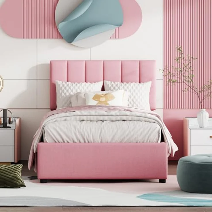 FAVSH Boxspringbett Einzelbett 90 x 200 cm - Hydraulisches Stauraumbett mit Lattenrost, Polsterbett mit Stauraum für Kinderbett Jugendbett mit Verstellbares Kopfteil, Leinen (Rosa) – Bild 8
