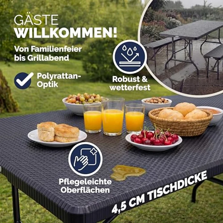 Casaria 'Malmö' Bierzeltgarnitur, 3-teilig, klappbar, Polyrattan schwarz, 180 x 75 x 73 cm – Bild 7
