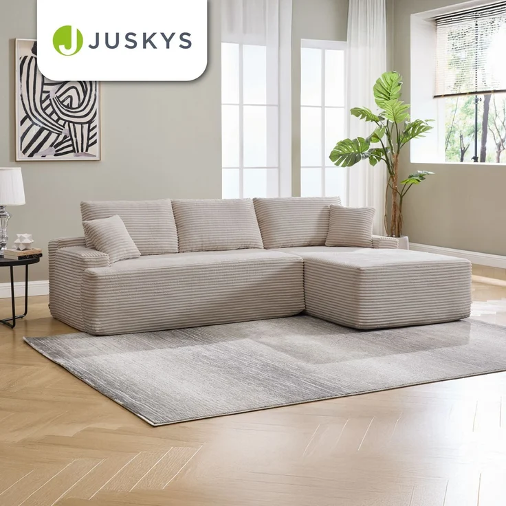 Juskys Sofa Coredo - modernes Cord Sofa mit Ottomane rechts, gemütliche Couch mit Schaumstoffpolsterung, Cordbezug & Kissen, modular - Taupe – Bild 7