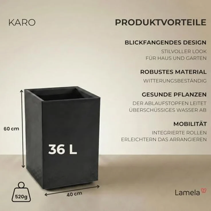 LAMELA Pflanzkübel mit Rollen Höhe 60 cm, 36L – Blumentopf aus Kunststoff in Betonoptik – Übertopf mit Wasserablauf – Modern für Innen & Außen - Wetterfest & Pflegeleicht, Antrazit – Bild 3