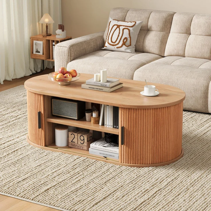 Couchtisch 100 x 50 x 33 cm, mit ovaler Tischplatte, mit verdeckt liegendem Stauraum, aus MDF und Spanplatte, Naturfarben – Bild 4