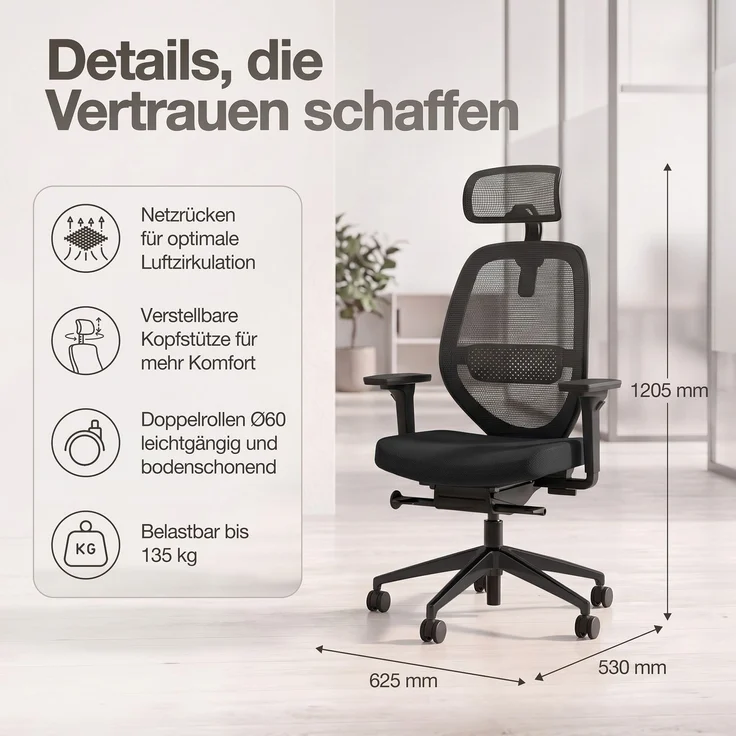 ASSMANN Ergonomischer Bürostuhl Atessa mit Netzrücken und Kopfstütze Schwarz 63x53x121cm Textil – Bild 6