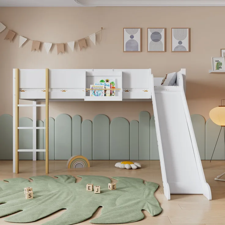 Bett 90x200 cm mit Rutsche und Stauraum – Hochbett aus Kiefer/MDF in Weiß/Natur