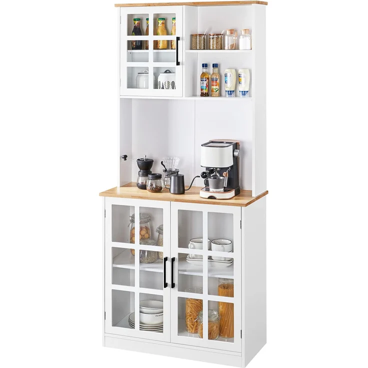 Yaheetech Küchenschrank 183 cm, Vorratsschrank Hochschrank mit Glastüren & Offenen Ablagefächer, Mehrzweckschrank Geschirrschrank für Esszimmer, Weiß