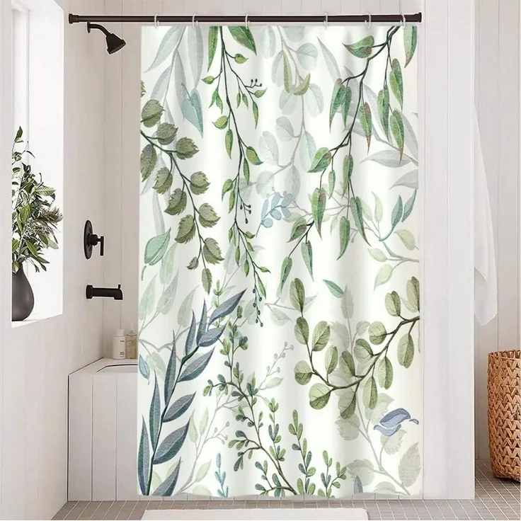 FOUORTUNATE-BEE Duschvorhang Duschvorhang mit Eukalyptus-Blätter-Motiv, aus Polyesterstoff Breite 120 cm, wasserdicht und schimmelresistent, waschbar, für Badezimmer – Bild 1