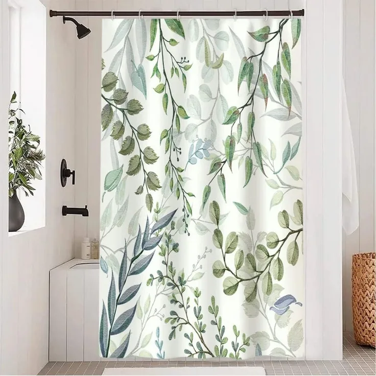 FOUORTUNATE-BEE Duschvorhang Duschvorhang mit Eukalyptus-Blätter-Motiv, aus Polyesterstoff Breite 120 cm, wasserdicht und schimmelresistent, waschbar, für Badezimmer