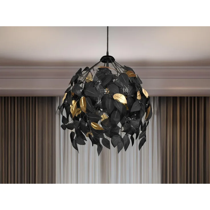 Pendelleuchte LEAVY mit Blätter Lampenschirm in Schwarz Gold, Ø 38cm