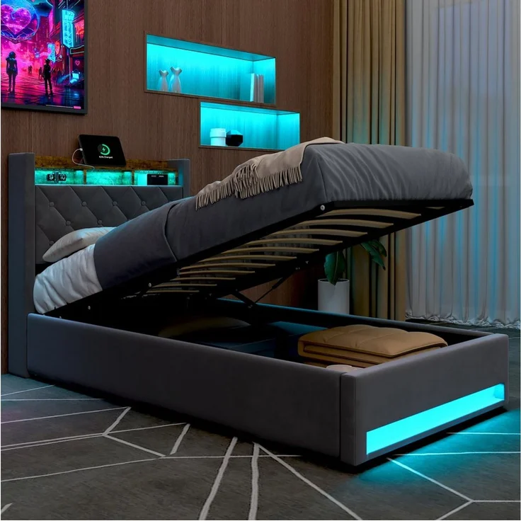 HAUSS SPOLE Polsterbett 90x190cm mit USB, 2 Steckdosen, LED-Beleuchtung Metallrahmen Grau (LED Doppelbett mit Lattenrost, Ohne Matratze), Modernes Design Jugendbett – Bild 2