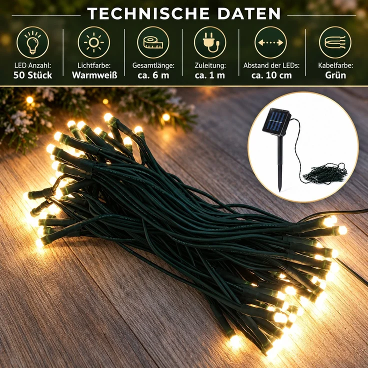 50er LED Solar Lichterkette Weihnachtsbeleuchtung warmweiß – Bild 2