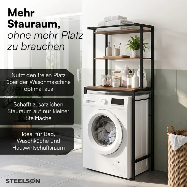 STEELSØN 'Aerial' Waschmaschinenregal, Überbauregal aus Metall, Schwarz/Holzoptik, Waschmaschinenschrank mit Handtuchhalter und 3 Ablagen, Badregal mit Wandanschluss für Standardgeräte – Bild 3