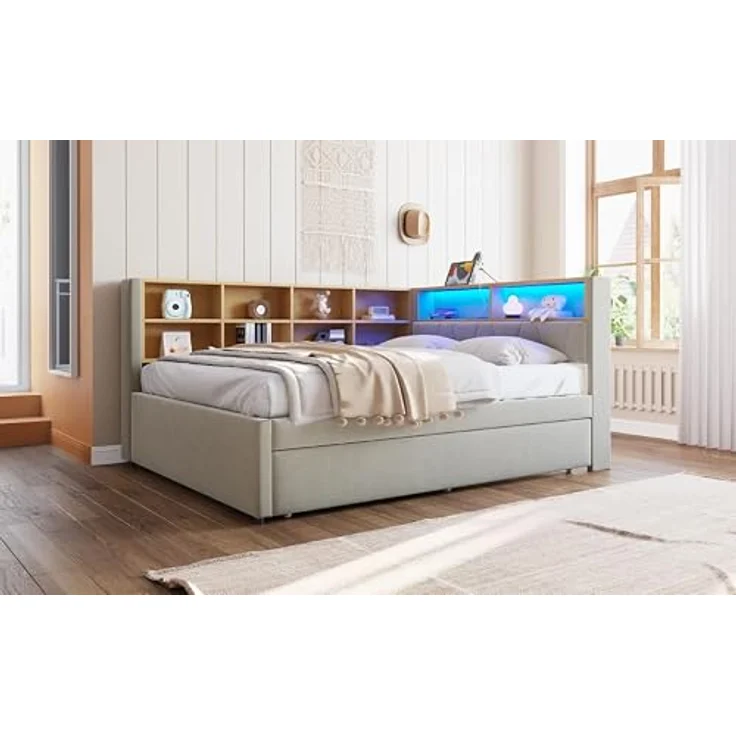 Ball & Cast Schlafsofa (140x200cm & 90 * 190cm) Tagesbett mit USB-Anschlüssen und Leuchten, Einzelbett mit Mehreren Ablagefächern, Ohne Matratze, Hellgrau – Bild 7