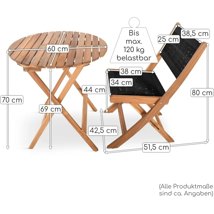 Raburg Balkonset Sitzgruppe Garten Holz wetterfest, Bistrotisch & 2 Stühle, Lanzarote, (Set), klappbares Bistroset, runder Tisch mit 60 cm Durchmesser – Bild 8