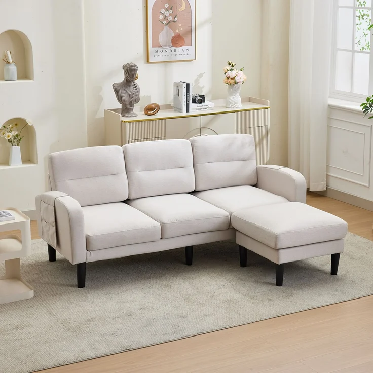 Merax 204cm Ecksofa, L-Form Sofa, 3-Sitzer mit Chaiselongue, kleines Ecksofa aus, An der Seite befindet sich eine Aufbewahrungstasche, 10 Sofabeine, Beige – Bild 2