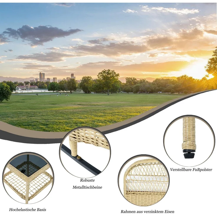 Balkonset mit 1 quadratischem Glastisch und 2 Schaukelstühlen, 3-tlg, Loungeset, Gartenmöbel, Metallrahmen, Polyrattan – Bild 4