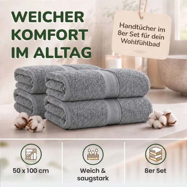 leevitex® Handtücher 8er-Set, 50 × 100 cm, aus 100% Baumwolle, Grau, Frottee (Set, 8-St), OEKO-TEX® STANDARD 100 zertifiziert und hochwertig verarbeitet – Bild 2