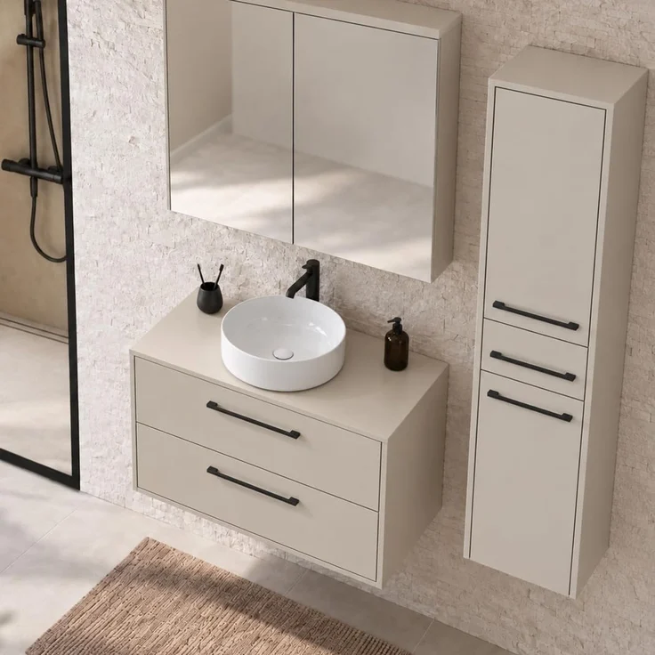 Badplaats Waschtischunterschrank-Set Florence 80 x 46 cm - Cashmere - mit Spiegelschrank und Hochschrank – Bild 5