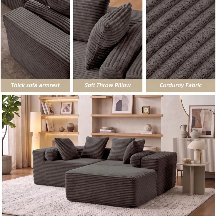 Modulares Ecksofa 266×110×60,01 cm in Schwarz – 3 frei kombinierbare Elemente mit Chaiselongue – Bild 8