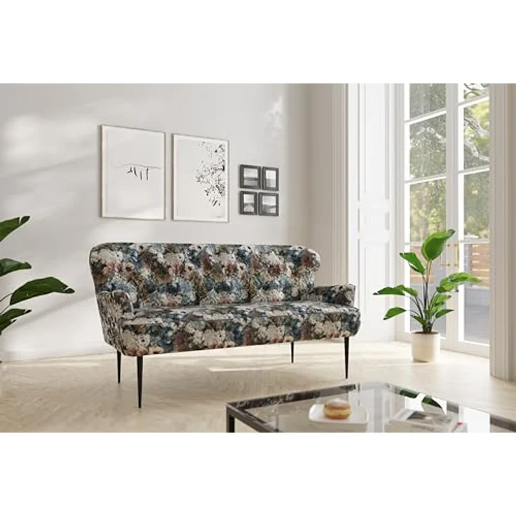 CAVADORE 3-Sitzer Küchensofa Amba, Trendige Sitzbank für Küche oder Esszimmer / 193 x 97 x 87 / Jacquard Flachgewebe: Blumenmuster Blau – Bild 3