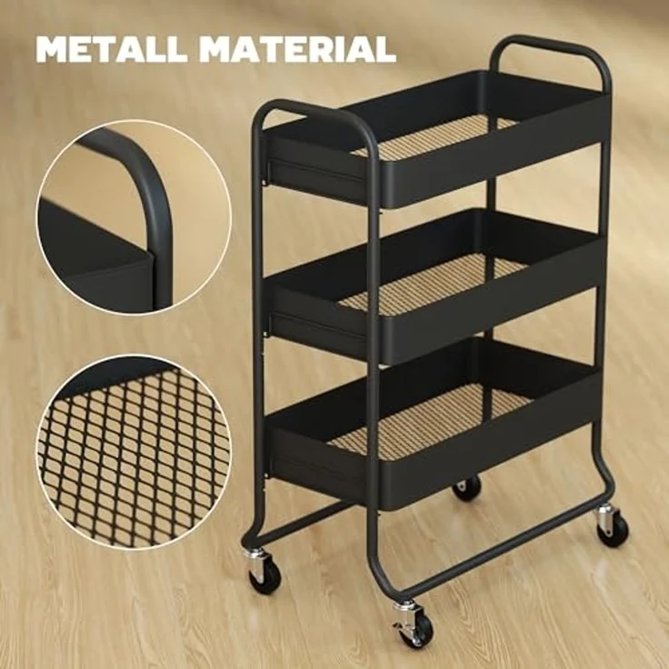 HOMCOM Küchenwagen mit 3 Ebenen, Körbe, Griff, (Servierwagen, 1 St, Rollwagen), für Küche Bad Büro Wohnzimmer Schwarz – Bild 5